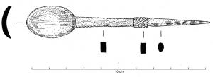 CUI-4035 - CuillerosTPQ : 100 - TAQ : 400Cuiller à cuilleron ovale, manche allongé dont la partie supérieure s'orne de divers motifs en relief, l'extrémité proximale étant effilée, comme il est d'usage sur de nombreux types de cochlearia.