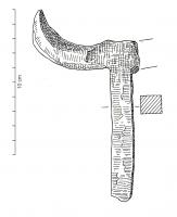 ECL-3007 - Tas à table bilatérale, à corne incurvée et autre extrémité indéterminéeferTas comportant une table frappe bilatérale allongée (dont une corne se termine en pointe et s'incurve vers le haut, l'autre étant de forme inconnue) et une queue allongée de section quadrangulaire.