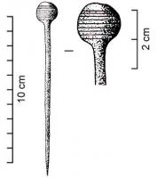 EPG-1018 - Épingle à grosse tête globuleusebronzeTPQ : -1000 - TAQ : -750Epingle à tête massive en forme de sphère, ornée d'incisions horizontales parallèles, voire de moulures.