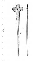 EPG-1029 - Epingle à tête tréflée: type à deux lobesbronzeTPQ : -1800 - TAQ : -1500Epingle à tête aplatie par martelage montrant deux lobes latéraux arrondis, encadrant une partie centrale rectangulaire, sous un sommet enroulé. La tige, aplatie vers la tête, s'arrondit progressivement vers la pointe. Les lobes sont souvent ornés d'une bossette centrale. Possible décor incisé.
