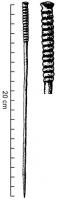 EPG-1041 - Épingle à tête oblongue ornée, variante du type de HaguenaubronzeTPQ : -1350 - TAQ : -1250Epingle dont la tête cylindrique porte de nombreuses côtes en relief.