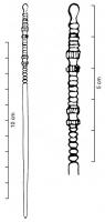 EPG-1072 - Épingle apparentée au groupe à tête oblongue ornéebronzeTPQ : -1400 - TAQ : -1100Epingle à petite tête globuleuse ; tige à trois séries de cannelures simples séparées par des paires de cannelures plus fortes, à incisions verticales.