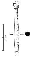 EPG-4109 - ÉpingleosTPQ : 100 - TAQ : 500Epingle à tête caliciforme ;  le corps, de section cylindrique, est renflé au tiers supérrieur, rétréci vers le sommet pour détacher une tête allongée comme dans le type précédent, mais terminée ici par un sommet aplati ou conique (avec une arête plus ou moins marquée).