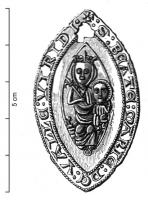 ESP-7068 - Enseigne de pèlerinage : ND de VauvertplombTPQ : 1300 - TAQ : 1400Enseigne de pèlerinage en forme de mandorle  : Vierge à l'Enfant, légende autour + : S : BEATE : MARIE : DE : VALLE : VIRIDI (notre-Dame de Vauvert).