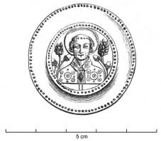ESP-7072 - Enseigne de pèlerinage : saint Etienne ?plombTPQ : 1300 - TAQ : 1400Médaillon circulaire, se dégageant sur un bandeau lisse, bord perlé; on y voit le buste d'un saint en dalmatique, nimbé, avec de chaque côté une branche de chêne chargée de feuillages et de glands : saint Etienne ?
