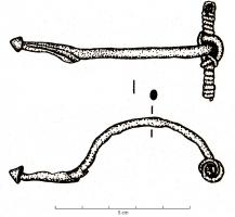 FIB-2655 - Fibule type Golfe du Lion, Tendille 4bbronzeFibule à pied redressé et bouton conique ; arc de secion ovale, ronde ou semi-ovale ; ressort long en arbalète.
