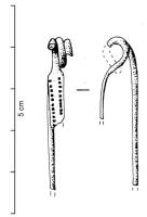 FIB-3042 - Fibule de Nauheim 5a28bronzeRessort à 4 spires et corde interne ; arc plat, triangulaire et tendu ; porte-ardillon trapézoïdal ajouré ; arc orné de deux échelles latérales convergentes, obtenues non pas avec un outil à dents, mais par la juxtaposition de petits coups de poinçon carré.