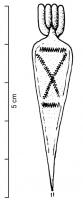 FIB-3058 - Fibule de Nauheim 5a44bronzeRessort à 4 spires et corde interne ; arc plat, triangulaire et tendu ; porte-ardillon trapézoïdal ajouré ; arc orné de plusieurs lignes 