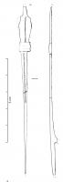 FIB-3070 - Fibule de Nauheim 5c2bronzeRessort à 4 spires et corde interne ; arc plat, triangulaire et tendu ; porte-ardillon trapézoïdal ajouré ; arc orné d'une échelle médianne impressionnée (peut-être bordée de filets latéraux dans sa partie supérieure), interrompue par une plaque quadrangulaire dépassant les côtés de l'arc, et marquée de filets ransversaux.