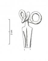 FIB-3098 - Fibule de Nauheim 5a20/21/31/33bronzeRessort à 4 spires et corde interne ; arc plat, triangulaire et tendu ; porte-ardillon trapézoïdal ajouré ; arc orné d'une échelle graduée médiane, avec deux filets incisés le long des bords (l'état de conservation ne permet pas de déterminer si le décor était limité ou non vers le pied).