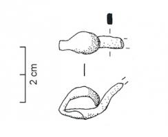 FIB-3526 - Fibule à timbale sur le piedbronzeFibule à arc plus ou moins en anse de panier (section variable), ressort incomplet ; pied redressé vers l'arc et terminé par une timbale arrondie, sans décor ou de simples filets sur le bord.