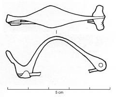 FIB-3552 - Fibule corse à ressort sur axebronzeFibule à arc de forme et de section variables : foliacé, filiforme ou légèrement renflé, parfois massive et couverte de fines incisions obliques croisées; section ovale ou semi-ovalaire ; ressort long, toujours monté sur axe. Pied redressé en palette.