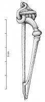 FIB-3853 - Fibule de type Le CatillonargentFibule filiforme, à arc tendu, de schéma La Tène II  mais entièrement coulée ; ressort à 4 spires et corde externe; pied ajouré coulé, évoquant la forme d'un pied de type LT II comme si le prolongement était rattaché au sommet de l'arc (porte-ardillon ajouré ou fenestré).