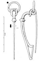 FIB-3857 - Fibule de Nauheim 5c12argentRessort à 4 spires et corde interne ; arc plat, triangulaire et tendu ; porte-ardillon trapézoïdal ajouré ; arc interrompu d'un bulbe éventuellement mouluré ; vers le pied, la section est le plus souvent circulaire ou en 8, pour reproduire les deux parties d'un pied revenant se rattacher au sommet de l'arc (mais la construction, coulée, est ici massive).