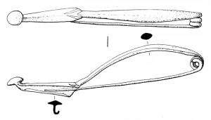 FIB-3961 - Fibule de type Certosa, type X, var. jbronzeFibule à ressort unilatéral à 3 spires, arc foliacé coulé, sans bouton ni moulure à la tête; étranglé à la base de l'arc, le pied s'élargit à nouveau et prend une section en T avant de se terminer par un bouton coulé et aplati, légèrement redressé.
