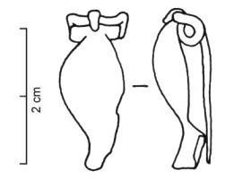 FIB-4043 - Fibule de type unguiformebronzeFibule dont l'arc, creux par dessous, s'évase en forme d'ongle ou de goutte ; ressort bilatéral à corde externe, le plus souvent retenue par une griffe.