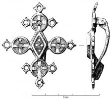 FIB-41073 - Fibule symétrique émailléebronzeFibule de construction complexe, organsiée selon deux axes de symétrique sécants autour d'un losange émaillé longitudinal : quatre disques émaillés sont accostés de deux ou trois anneaux à ergots sur le pourtour.