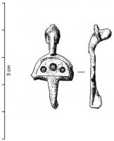 FIB-41075 - Fibule émailléebronzeFibule à arc, interrompu par une plaque semi-circulaire émaillée (et parfois ajourée). La tête est constituée d'une plaquette semi-circulaire surmontée d'un anneau et derrière laquelle se trouve une charnière à deux plaquettes. Le pied est filiforme ou triangulaire et se termine parfois par un bouton. 