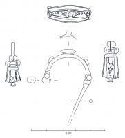 FIB-41303 - Fibule var. Aucissa à fermoir de sécuritébronzeFibule pourvu d'un arc de type Aucissa (côte centrale à sommet orné d'une ligne ondée, entre deux cannelures lisses) dont la tête a été remplacée par un bulbe massif, enserrant fortement un ardillon à charnière, sans ergot; le pied est remplacé par un bulbe similaire, dont une moitié pivote sur lui-même pour verrouiller l'ardillon en position fermée.