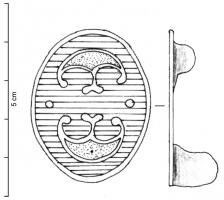 FIB-41315 - Fibule ovale émailléebronzeBroche plate de forme ovale, émaillée en champlevé : dans le champ, deux peltes affrontées par leurs fleurons, avec un point en réserve de chaque côté.