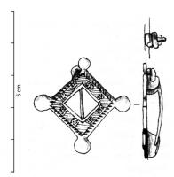 FIB-41324 - Fibule losangique émailléebronzeFibule à arc losangique émaillé, ajour central également losangique : la broche se réduit à un cadre plat émaillé; au revers, charnière entre deux plaquettes.
