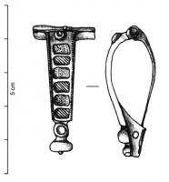 FIB-41326 - Fibule émaillée de type HeadstudbronzeFibule à arc non interrompu fortement courbé, creusé de petites loges émaillées triangulaires ou rectangulaires aboutissant à un bouton en cabochon (incrusté de pâte de verre) rapporté à la tête. Pied se terminant par un bouton, parfois surmonté d'un cabochon incrusté de pâte de verre ou d'émail. 