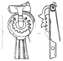 FIB-41342 - Fibule léontomorphe à queue de paonbronzeFibule à queue de paon, plaque circulaire à collerette, dont l'arc est remplacé par deux protomes de lions adossés, plus ou moins schématisés ; la plaque et le pied consistent en deux pièces distinctes.
