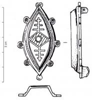 FIB-41716 - Fibule symétrique émailléebronzeBroche constituée d'un médaillon ovale surélevé, émaillé, avec 4 à 8 disques sur le pourtour; au centre, motifs émaillés complexes, en réserve; revers plat, avec articulation à charnière de type i.
