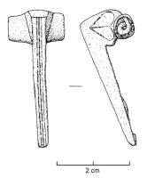 FIB-4222 - Fibule à ressort protégébronzeFibule à arc non interrompu et ressort protégé, dont l'arc aplati sur le dessus forme au sommet un angle vif ; il est orné de deux côtes saillantes, avec souvent deux cœurs incisés sur les côtés de la base de l'arc, où s'observe parfois une perforation (pour chaînette ?).