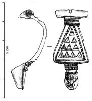 FIB-4270 - Fibule émailléebronzeFibule émaillée à arc triangulaire, orné de 3 à 6 rangs de logettes d'émail triangulaires (6 à 22 au total) alternant avec des intervalles pleins ; pied à tête de reptile stylisée.