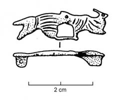 FIB-4298 - Fibule zoomorphe, groupe : chien et lièvrebronzeBroche plate, étamée, le corps strié de traits parallèles niellés : chien poursuivant un lièvre à droite.