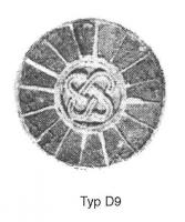 FIB-5227 - Fibule cloisonnée avec compartiment central filigrané Vielitz D9or, argentFibule cloisonnée avec un compartiment central filigrané d'entrelacs à quatre lobes (Flechtknoten) et d'une rangée de cellules, polylobées ou non.