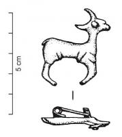 FIB-5268 - Fibule zoomorphe : cerfbronzeBroche plate en forme de cerf à droite, de profil sauf les bois qui sont vus de dessus; le corps est modelé, sans détail suggéré à l'exception de quelques bourrelets ; au revers, articulation à ressort sur une plaquette coulée.