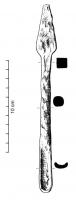 FOR-4001 - Tarière à cuillerferOutil composé d'une tête perforante, en forme de cuiller allongée, aux bords tranchants, destiné à creuser un trou rectiligne par rotation; à l'extrémité proximale du fer, une tête plate ou pyramidale sert à maintenir l'outil dans un dispositif rotatif. 
La section concavo-convexe 