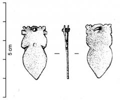 FRT-4032 - Ferret de ceinturebronzeFerret foliacé, avec un sommet percé d'un trou de rivet pour la fixation sur la ceinture de cuir; les côtés sont découpés pour évoquer la feuille dentelée.