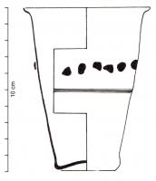 GOB-4082 - Gobelet tronconique, forme Foy 13dverreGobelet haut de forme tronconique, à panse rectiligne, bord déversé, fond écrasé, parfois légèrement rentrant. Le profil associe des taches bleues formant une frise horizontale et des filets meulés.
