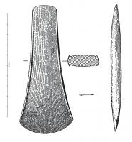 HCH-1067 - Hache à légers rebords : type de NeyruzbronzeHache plate de taille moyenne, à légers rebords venus ou non à la coulée et  qui s'estompent au niveau du sommet et du tranchant ; bords concaves ; section subrectangulaire pouvant présenter parfois un léger bombement.