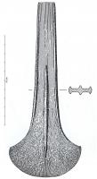 HCH-1084 - Hache à rebords : type en éventailbronzeGrande hache à petits ou moyens reborbs ; zone d'emmanchement longue et étroite ; tranchant très élargi ; décorations possibles (chevrons, damiers, nervure centrale ...).