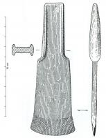 HCH-1090 - Hache à rebords partiels : type à épaulementbronzeHache de taille moyenne présentant un épaulement marqué en partie médiane ; bords droits de part et d'autre de l'épaulement. La largeur de la lame varie peu de l'épaulement au tranchant légèrement convexe, peu évasé. Les rebords sont limités à la partie supérieure.