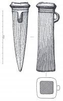 HCH-2016 - Hache à douille : type armoricain de DahouëtbronzeHache à douille de type armoricain : ouverture de la douille subquadrangulaire, section quadrangulaire du corps de la hache, tranchant peu évasé, douille profonde, anneau latéral prenant sous le bourrelet, composition à forte teneur en plomb.
 Les haches du type de Dahouët présentent une ouverture de la douille rectangulaire, un bourrelet anguleux et une longueur moyenne de 133mm.