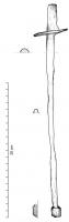 LIT-4002 - Armature de pied de litferTige de fer (L. env. 30 cm) constituant l'armature d'un pied de lit plaque de bois, ou plus généralement d'os, voire d'ivoire. La tige est limitée au sommet par une plaquette de tôle carrée, qui devait soutenir le cadre du lit ; et à la base par un manchon cylindrique, destiné à renforcer la pointe. 