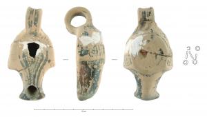 LMP-3116 - Lampe delphiniforme à cols de cygneterre cuiteLampe moulée, anse verticale en ruban à deux cannelures, rapportée. Réservoir de profil biconique, avec deux têtes d'anatidés formant des protubérances latérales au bord du réservoir. Couronne de grènetis sur le bandeau. Bec en enclume. Fond annulaire au centre duquel peut figurer une marque constituée de traits et de petits cercles. Vernis noir brillant peu adhérent.