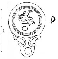 LMP-42034 - Lampe Loeschcke IV : Eros sur dauphinterre cuiteLampe moulée, sans anse, à bec court encadré de doubles volutes. Médaillon décoré d'un Eros sur un dauphin. 