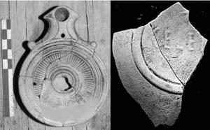 LMP-42490 - Lampe Loeschcke I : CELERterre cuiteLampe à bec triangulaire encadré de volutes, décor de fins radiants autour du trou de remplissage centré, entouré de moulures. Au revers, marque en relief, fines lettres, CELER.