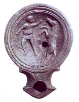 LMP-4862 - Lampe Loeschcke I : Dressage de chevalterre cuiteLampe ronde sans asne, à large bec en enclume encadré de volutes. Médaillon décoré d'un homme dressant un cheval cabré.