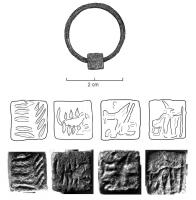 MOU-4019 - Outil de bijoutier, ou cube magique ?bronzeCube, ou dodécaèdre, éventuellement percé d'un axe transversal, dont chaque face comporte un motif en creux analogue à une intaille.