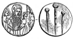 MRO-9004 - Méreau de corporation : épingliersplombA/ La Vierge et l'Enfant ; R/ trois épingles courtes, à tête sphérique.