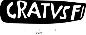 MRT-4078 - Mortier : C. ATISIVS GRATVSterre cuiteJatte ou mortier à lèvre épaissie et déversée ; bec verseur ; marques estampées superposées de part et d'autre du bec : C. ATISIVS et GRATVS.