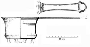 PAT-4030 - PatèrebronzePatère à panse concave, fond plat orné de cercles concentriques, le manche plat et bordé de sillons se termine par une boucle en D, à têtes animales très stylisées, avec des lignes d'oves à chaque extrémité du manche.