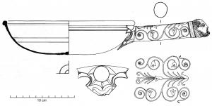 PAT-4067 - Patère type Tassinari H1200, tête de SilènebronzePatère à vasque arrondie et bord épaissi, fond plat simplement orné de cercles incisés concentriques, sans doute posé sur trois supports rapportés. Filets incisés au tour à l'intérieur de la vasque et à l'extérieur, sous le bord. Manche tubulaire, orné de pampres, et terminé par un médaillon rapporté (fixé par brasure) figurant une tête de Silène, chauve et barbu.